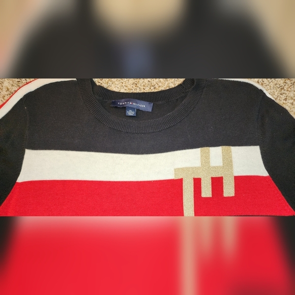 Tommy Hilfiger Women's Colorblocked Stripe TH Sweater Black Sz X-Large Metallic - Picture 5 of 6